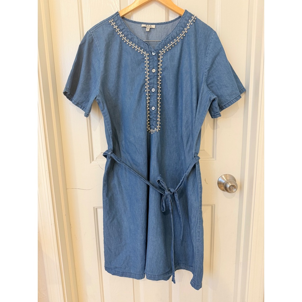 MPH Collection Blue Chambray Embellished Rhinestone Pearl Shift Dress XL Denim